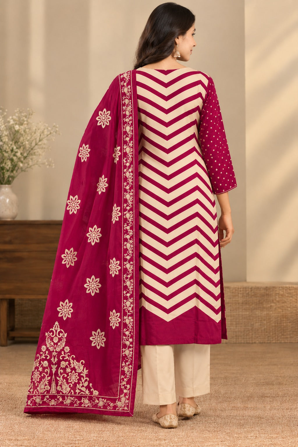 Women’s Magenta and Cream Printed Straight Kurta Set with Dupatta