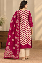 Women’s Magenta and Cream Printed Straight Kurta Set with Dupatta