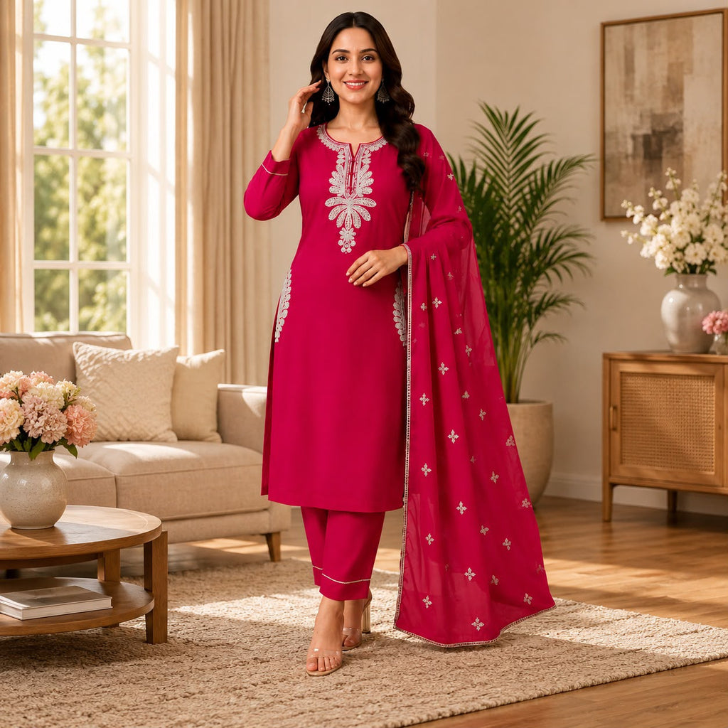 Women’s Pink Embroidered Straight Kurta Suit Set with Dupatta