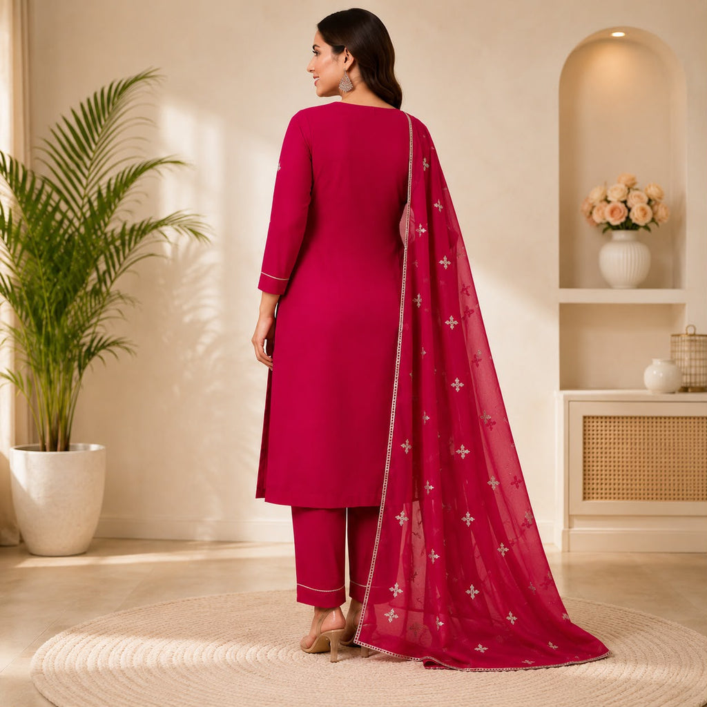 Women’s Pink Embroidered Straight Kurta Suit Set with Dupatta