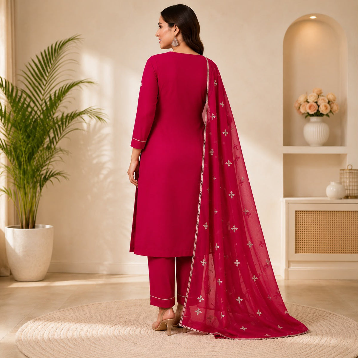 Women’s Pink Embroidered Straight Kurta Suit Set with Dupatta