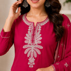 Women’s Pink Embroidered Straight Kurta Suit Set with Dupatta