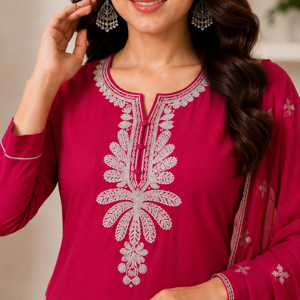 Women’s Pink Embroidered Straight Kurta Suit Set with Dupatta