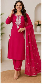 Women’s Pink Embroidered Straight Kurta Suit Set with Dupatta