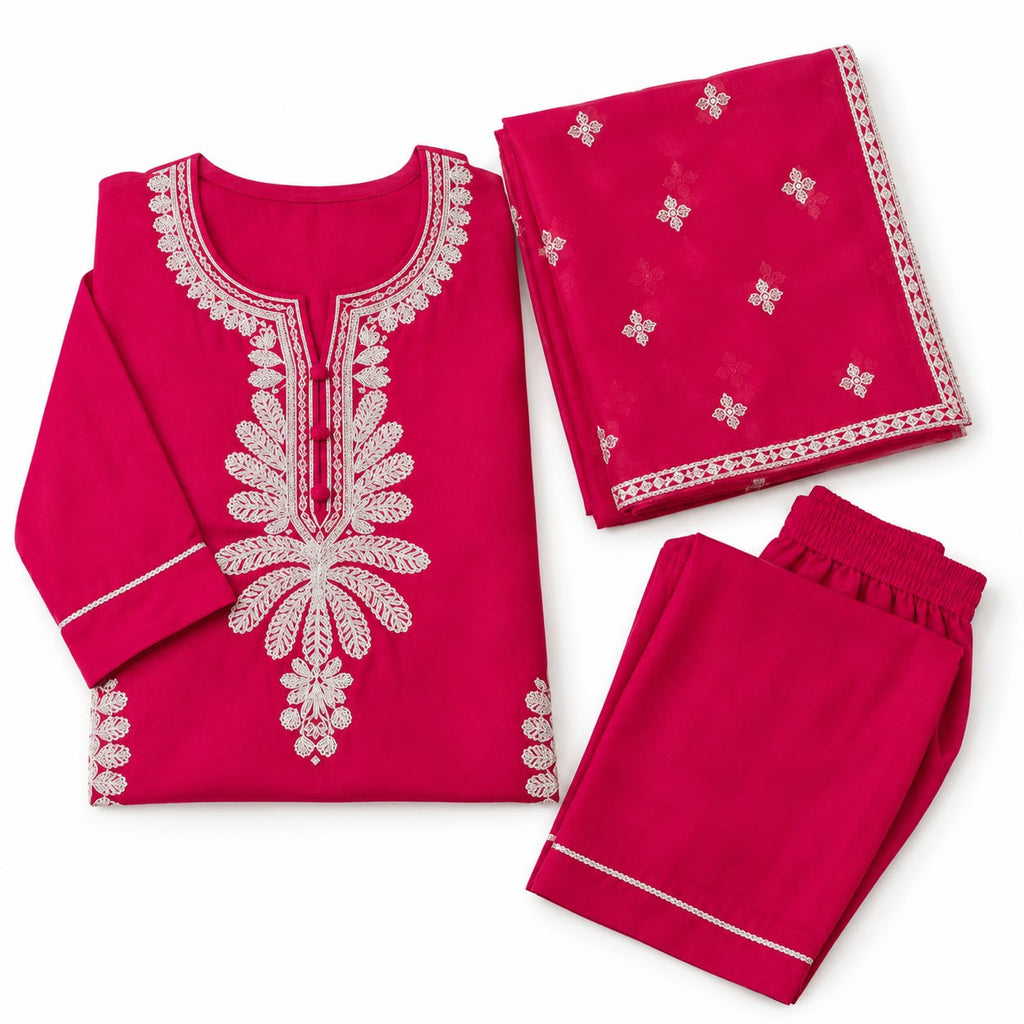 Women’s Pink Embroidered Straight Kurta Suit Set with Dupatta