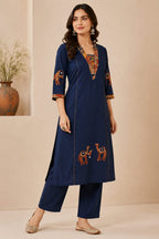 Navy Blue Printed Straight Kurta Set with Dupatta