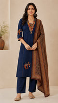 Navy Blue Printed Straight Kurta Set with Dupatta