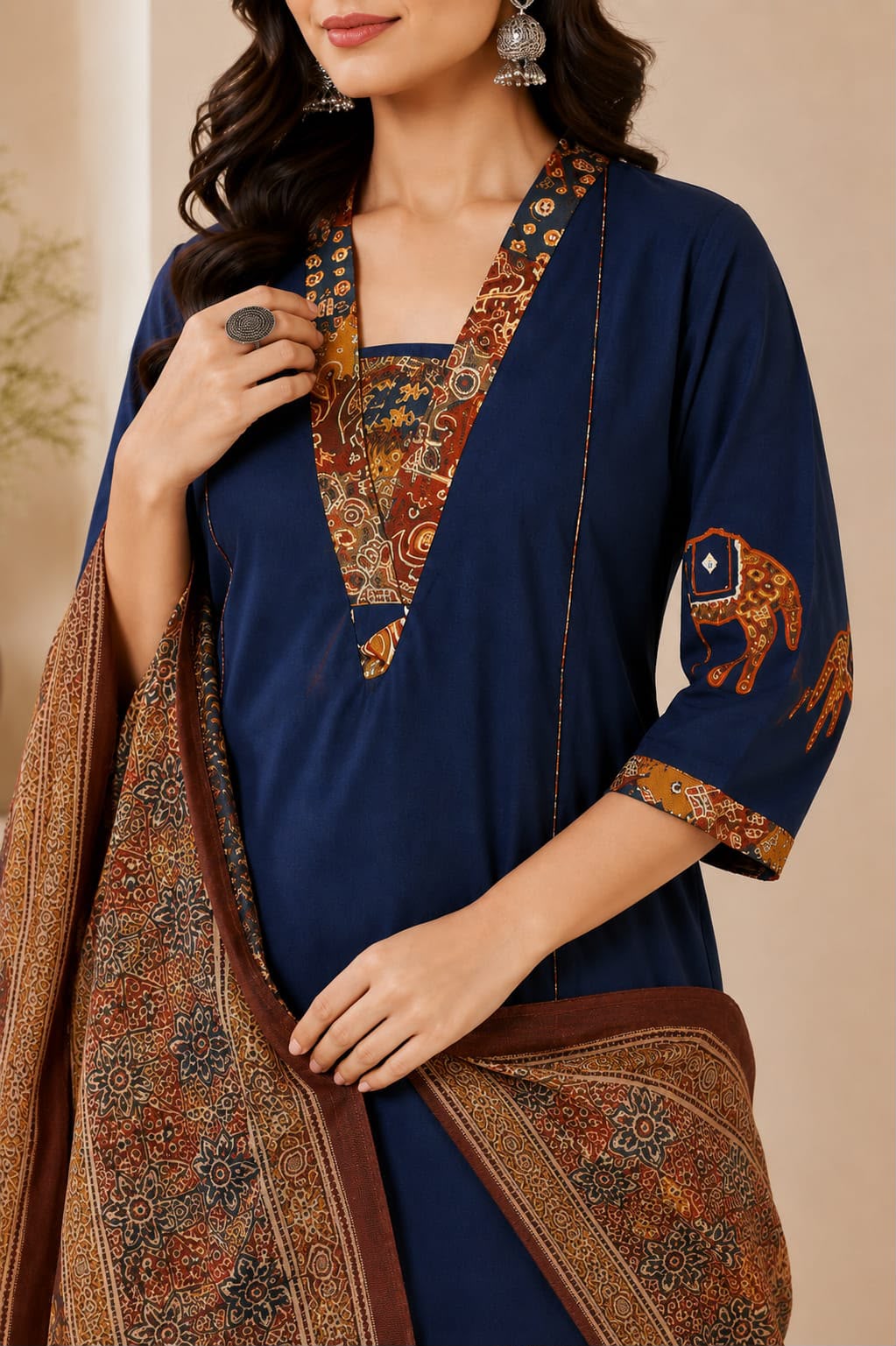 Navy Blue Printed Straight Kurta Set with Dupatta