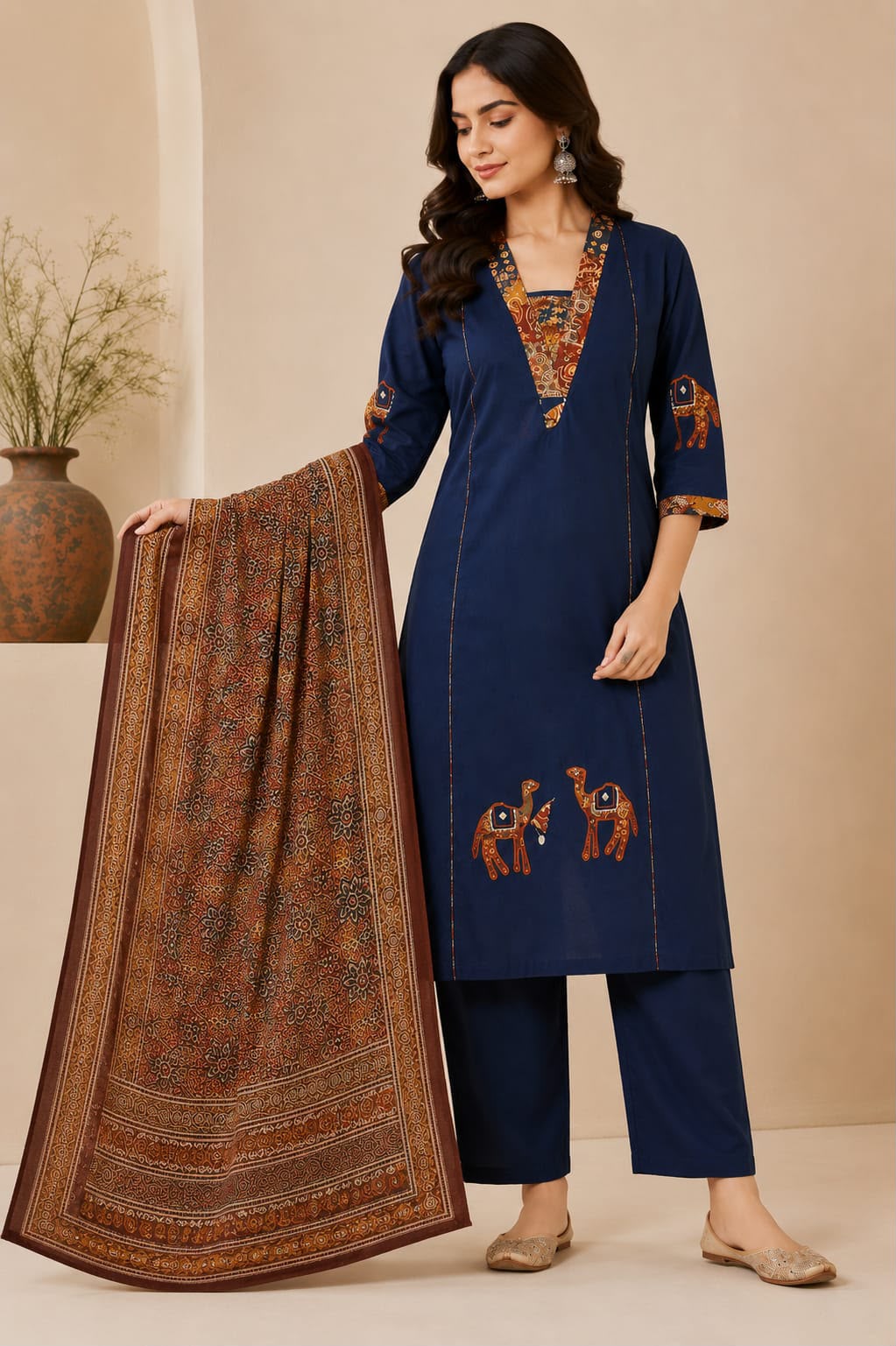 Navy Blue Printed Straight Kurta Set with Dupatta