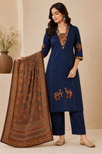 Navy Blue Printed Straight Kurta Set with Dupatta