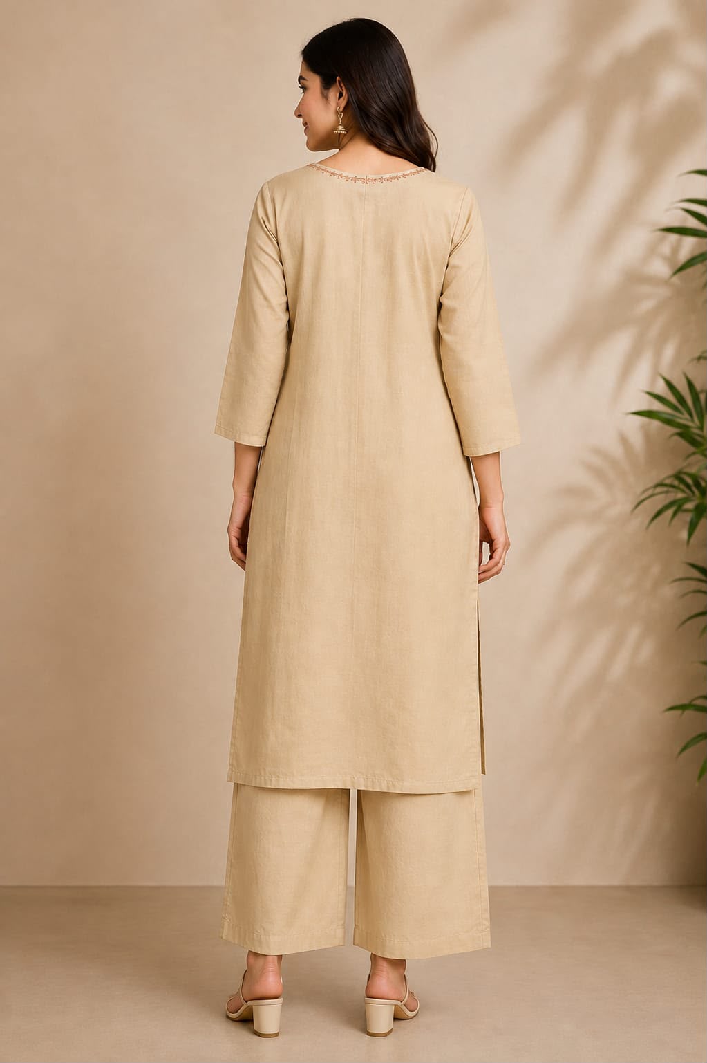 Elegant Beige Embroidered Kurta & Palazzo Set