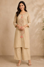 Elegant Beige Embroidered Kurta & Palazzo Set