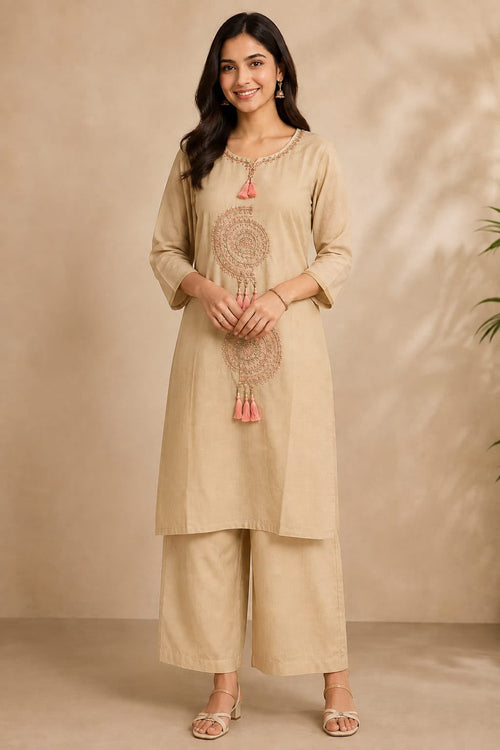Elegant Beige Embroidered Kurta & Palazzo Set