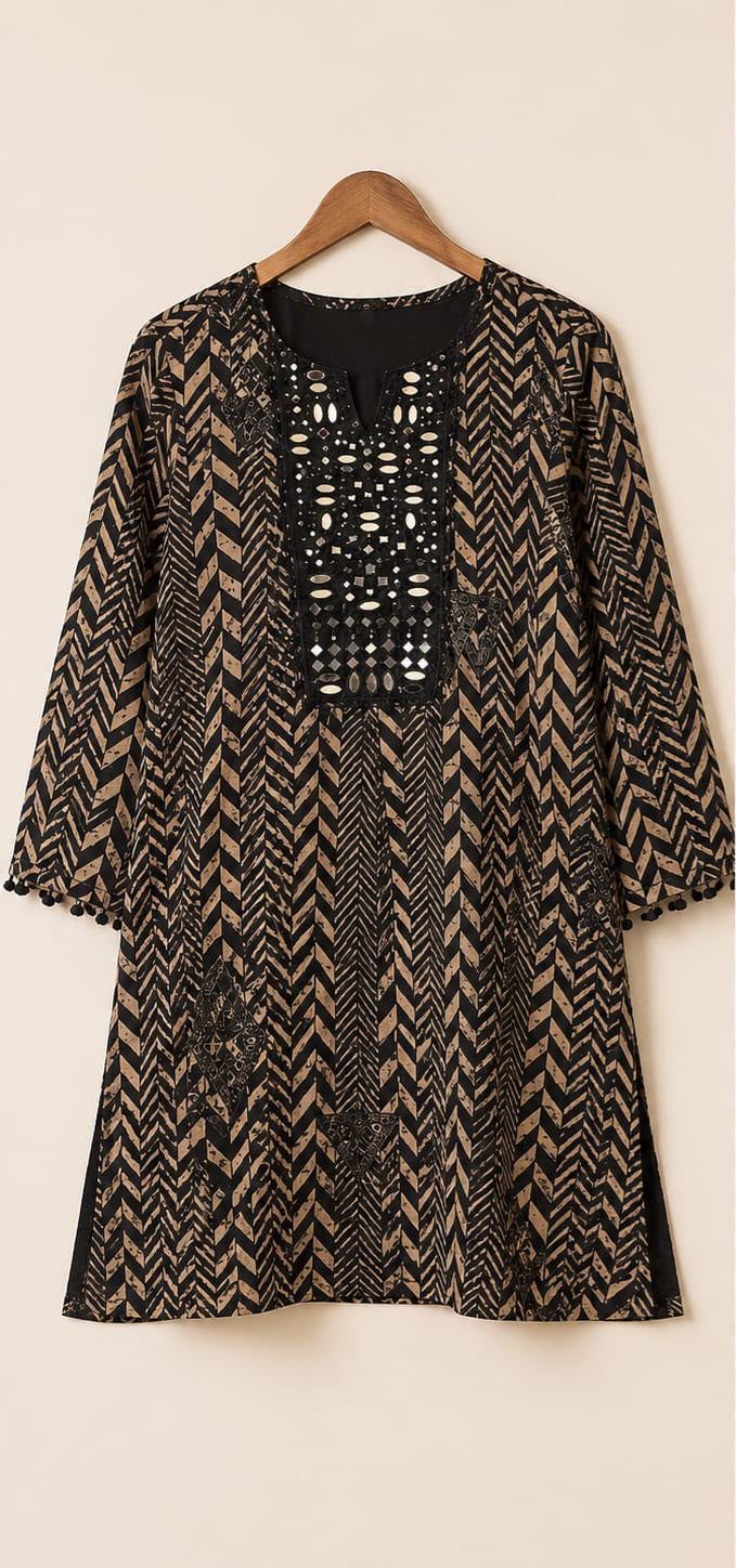Black Geometric Print Mirror Work Kurta Set with Wide-Leg Palazzo