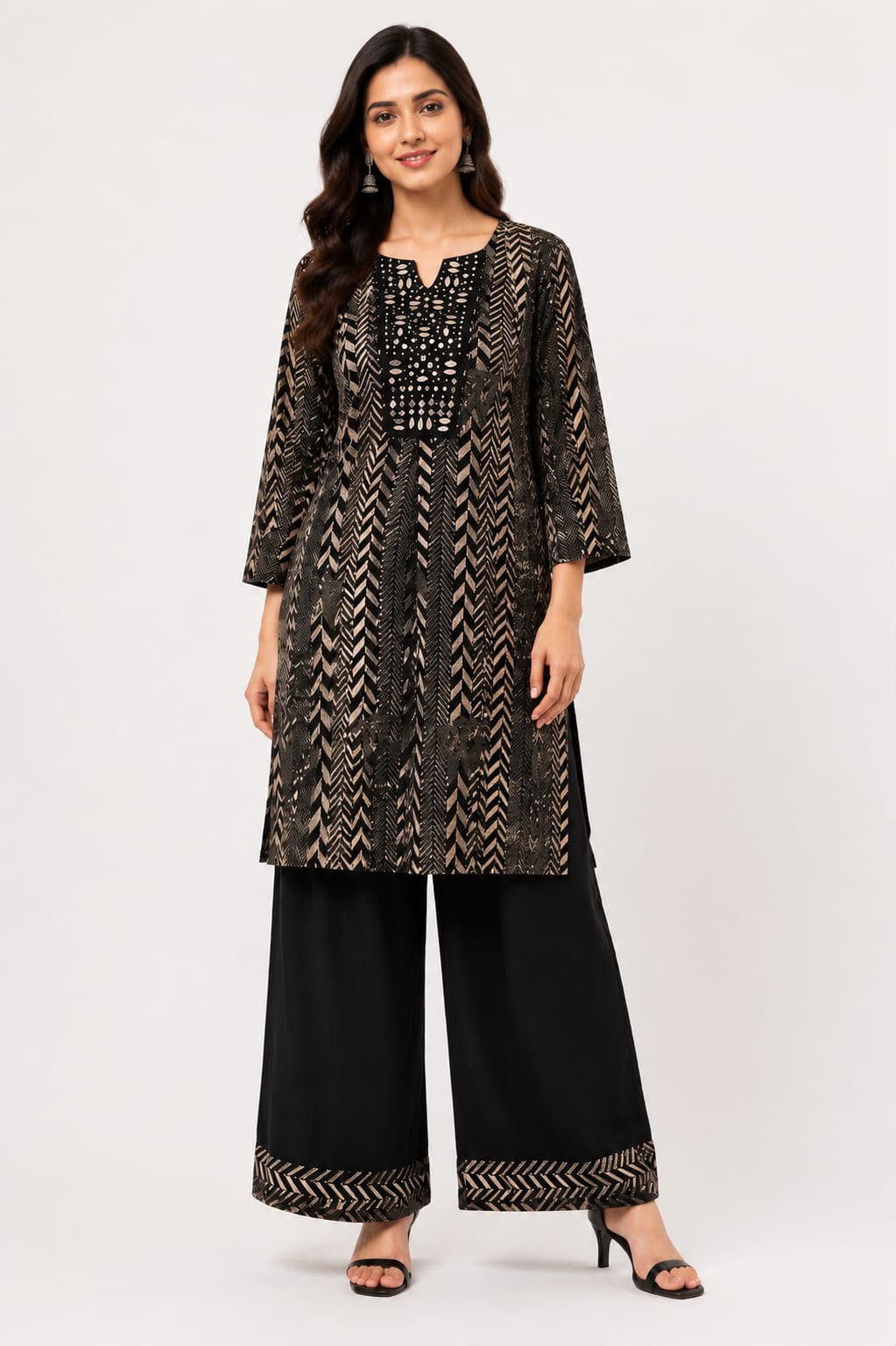 Black Geometric Print Mirror Work Kurta Set with Wide-Leg Palazzo