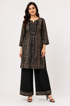 Black Geometric Print Mirror Work Kurta Set with Wide-Leg Palazzo