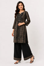 Black Geometric Print Mirror Work Kurta Set with Wide-Leg Palazzo