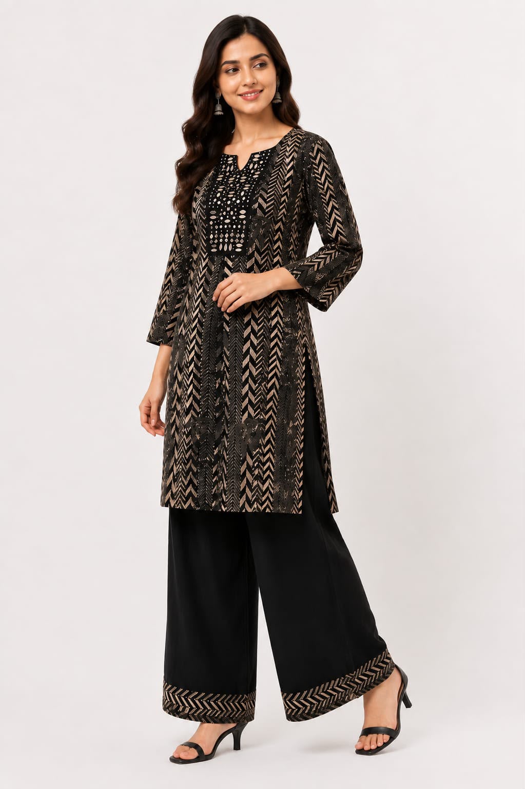Black Geometric Print Mirror Work Kurta Set with Wide-Leg Palazzo