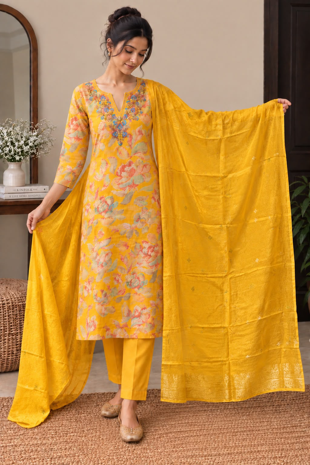 Women Yellow Floral Printed Straight Kurta Suit Set with Dupatta
