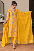 Women Yellow Floral Printed Straight Kurta Suit Set with Dupatta