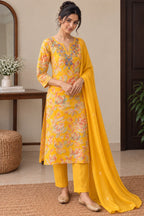 Women Yellow Floral Printed Straight Kurta Suit Set with Dupatta