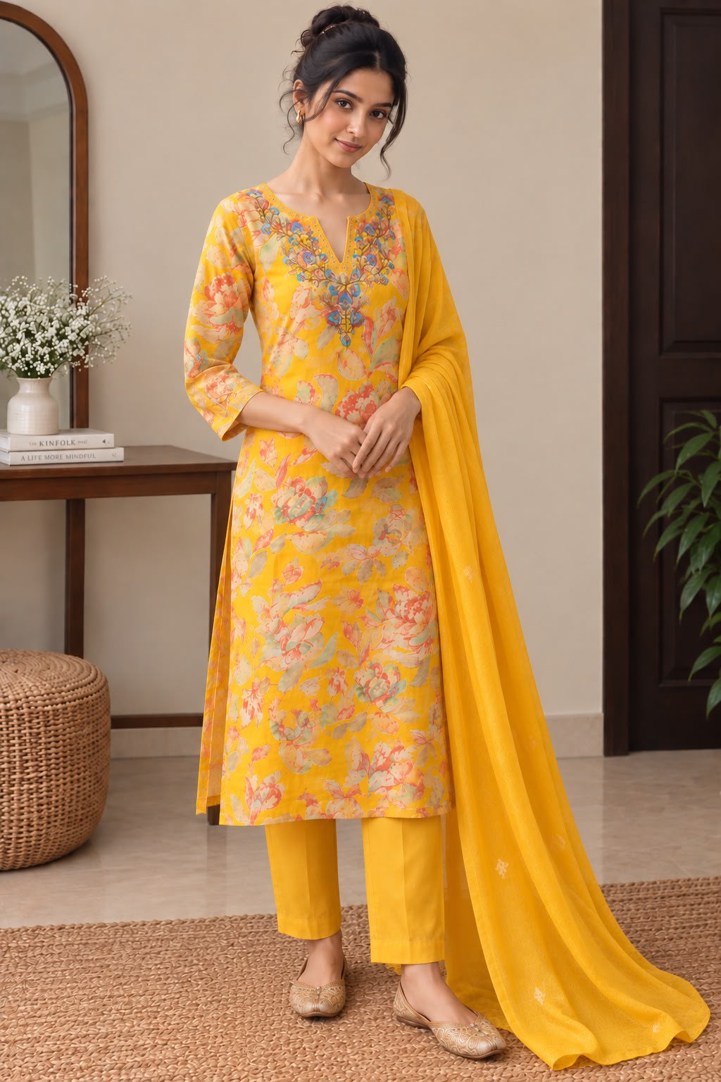 Women Yellow Floral Printed Straight Kurta Suit Set with Dupatta