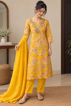 Women Yellow Floral Printed Straight Kurta Suit Set with Dupatta