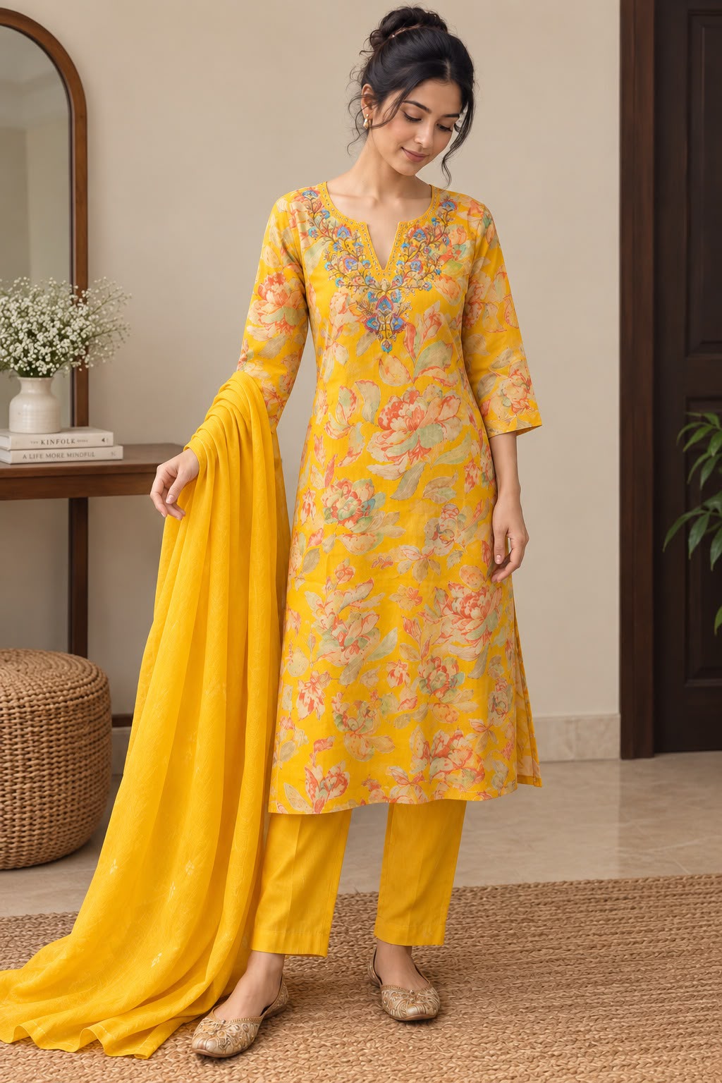Women Yellow Floral Printed Straight Kurta Suit Set with Dupatta