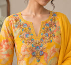 Women Yellow Floral Printed Straight Kurta Suit Set with Dupatta