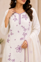 Women's White Floral Embroidered Kurta Pant Set with Dupatta