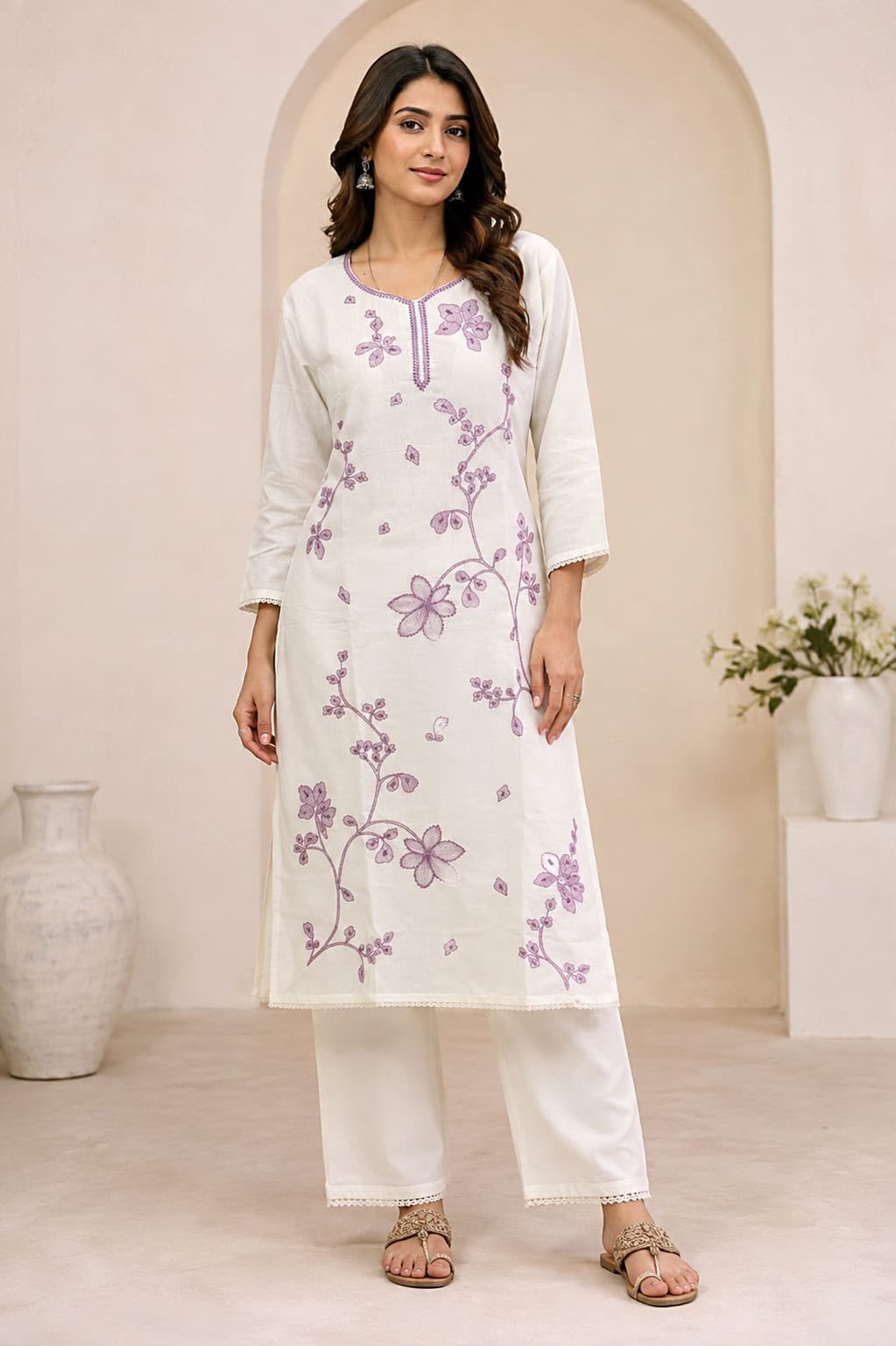 Women's White Floral Embroidered Kurta Pant Set with Dupatta
