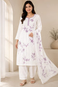 Women's White Floral Embroidered Kurta Pant Set with Dupatta