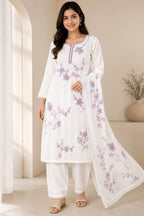 Women's White Floral Embroidered Kurta Pant Set with Dupatta