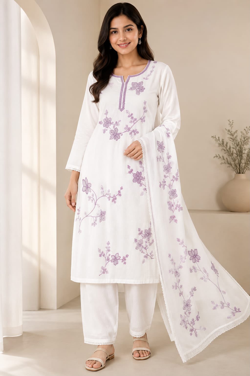 Women's White Floral Embroidered Kurta Pant Set with Dupatta