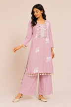 Pastel Lilac Floral Embroidered Kurti & Wide-Leg Palazzo Set