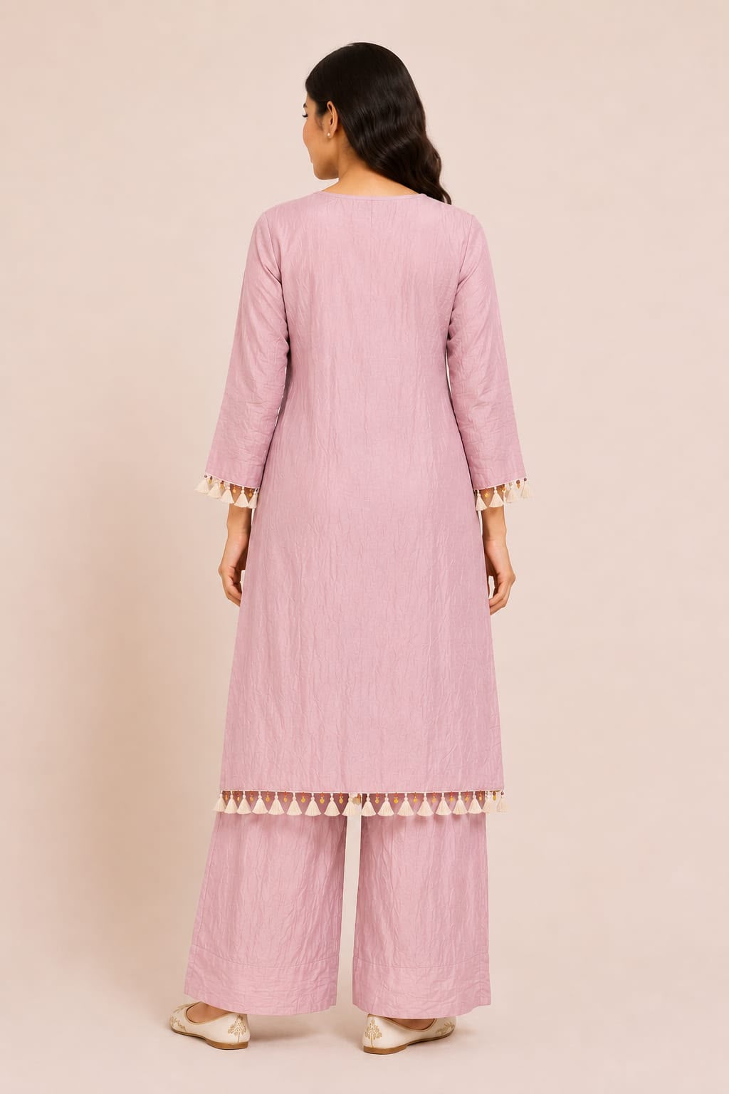 Pastel Lilac Floral Embroidered Kurti & Wide-Leg Palazzo Set