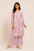 Pastel Lilac Floral Embroidered Kurti & Wide-Leg Palazzo Set