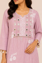 Pastel Lilac Floral Embroidered Kurti & Wide-Leg Palazzo Set