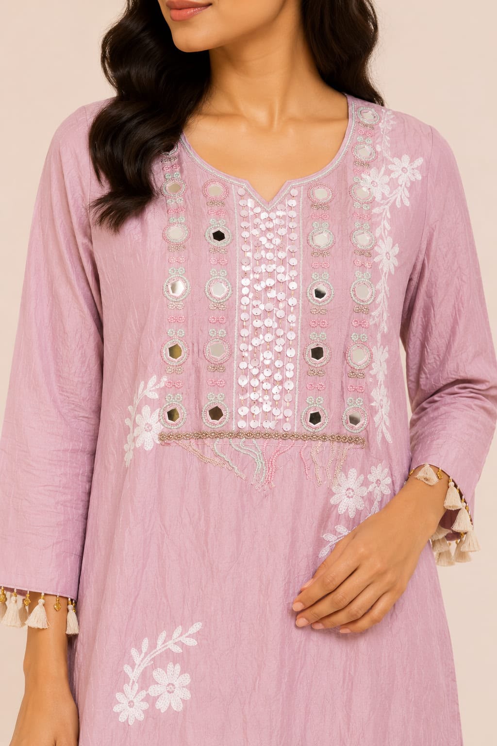 Pastel Lilac Floral Embroidered Kurti & Wide-Leg Palazzo Set