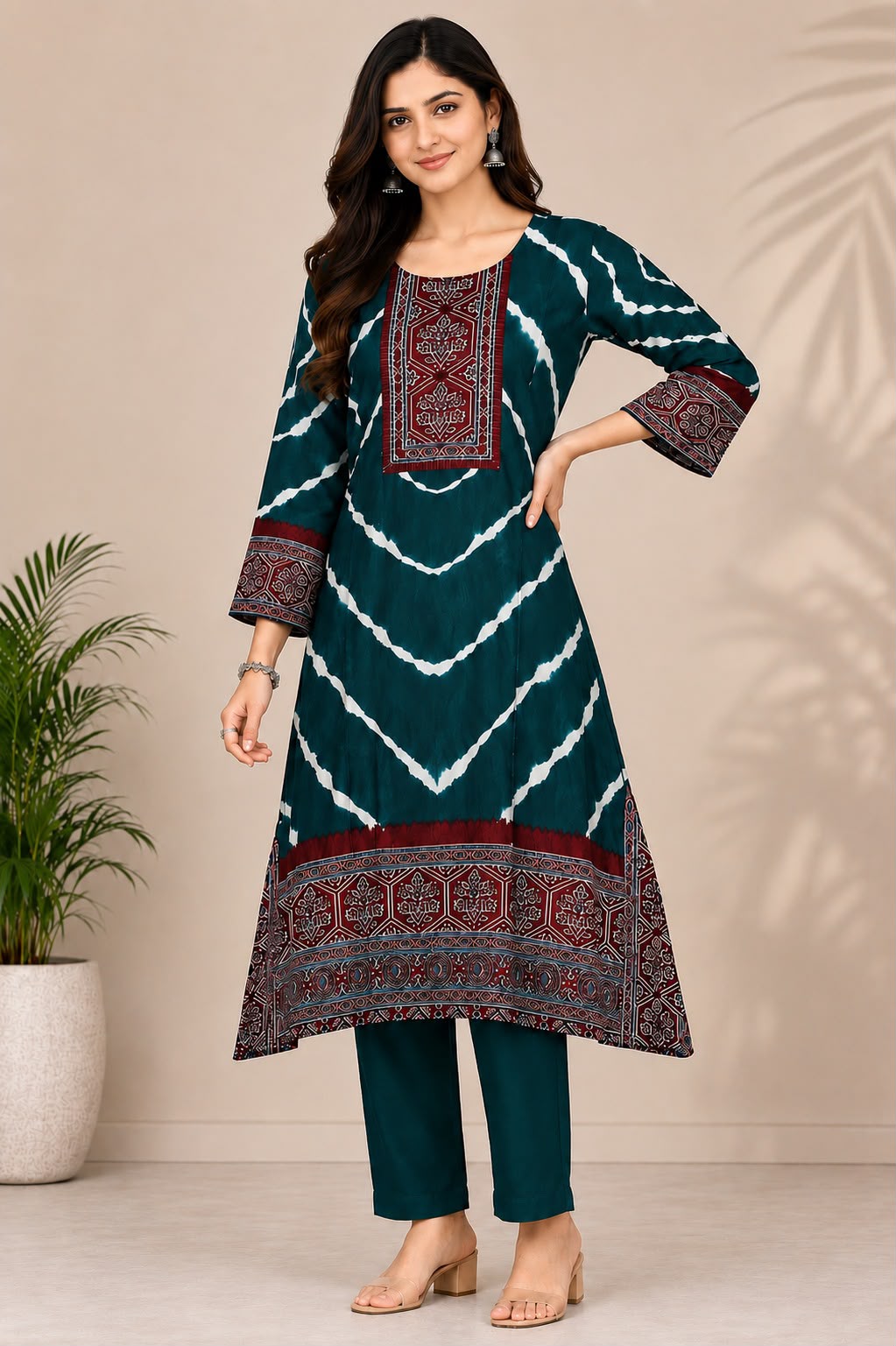 Women’s Teal Blue & Maroon Printed Apple Cut  Kurta Set