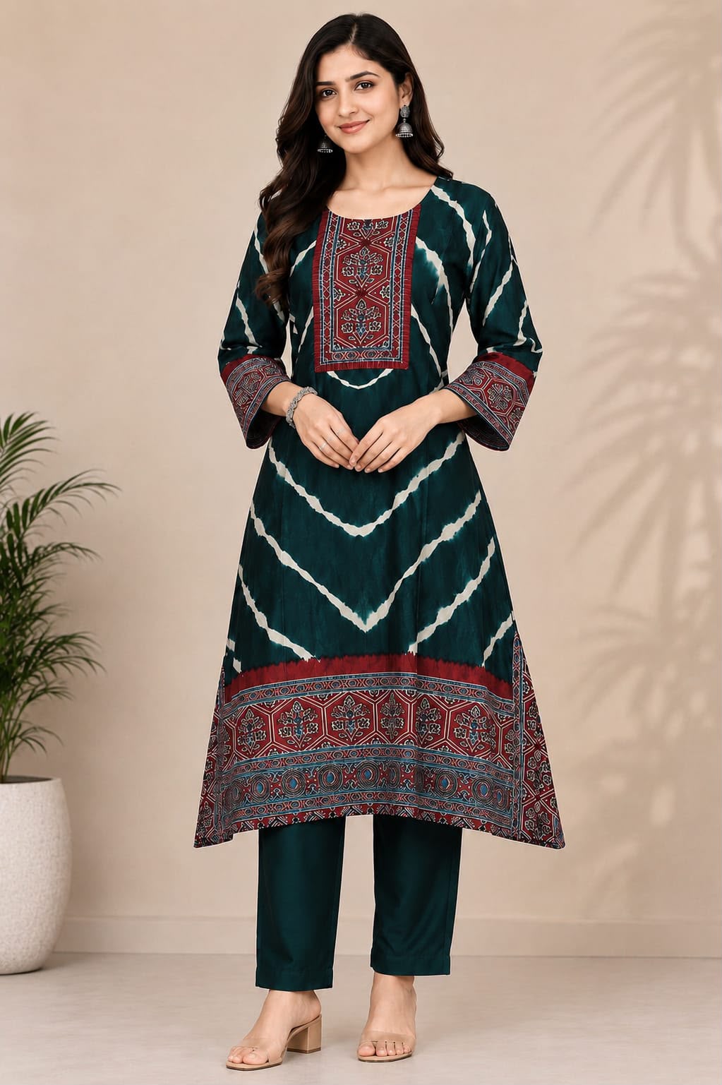 Women’s Teal Blue & Maroon Printed Apple Cut  Kurta Set