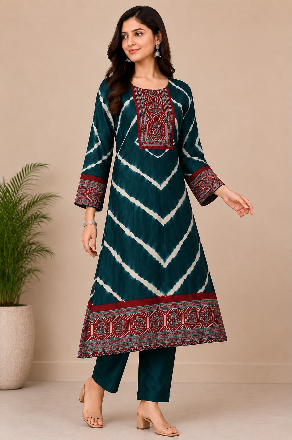 Women’s Teal Blue & Maroon Printed Apple Cut  Kurta Set