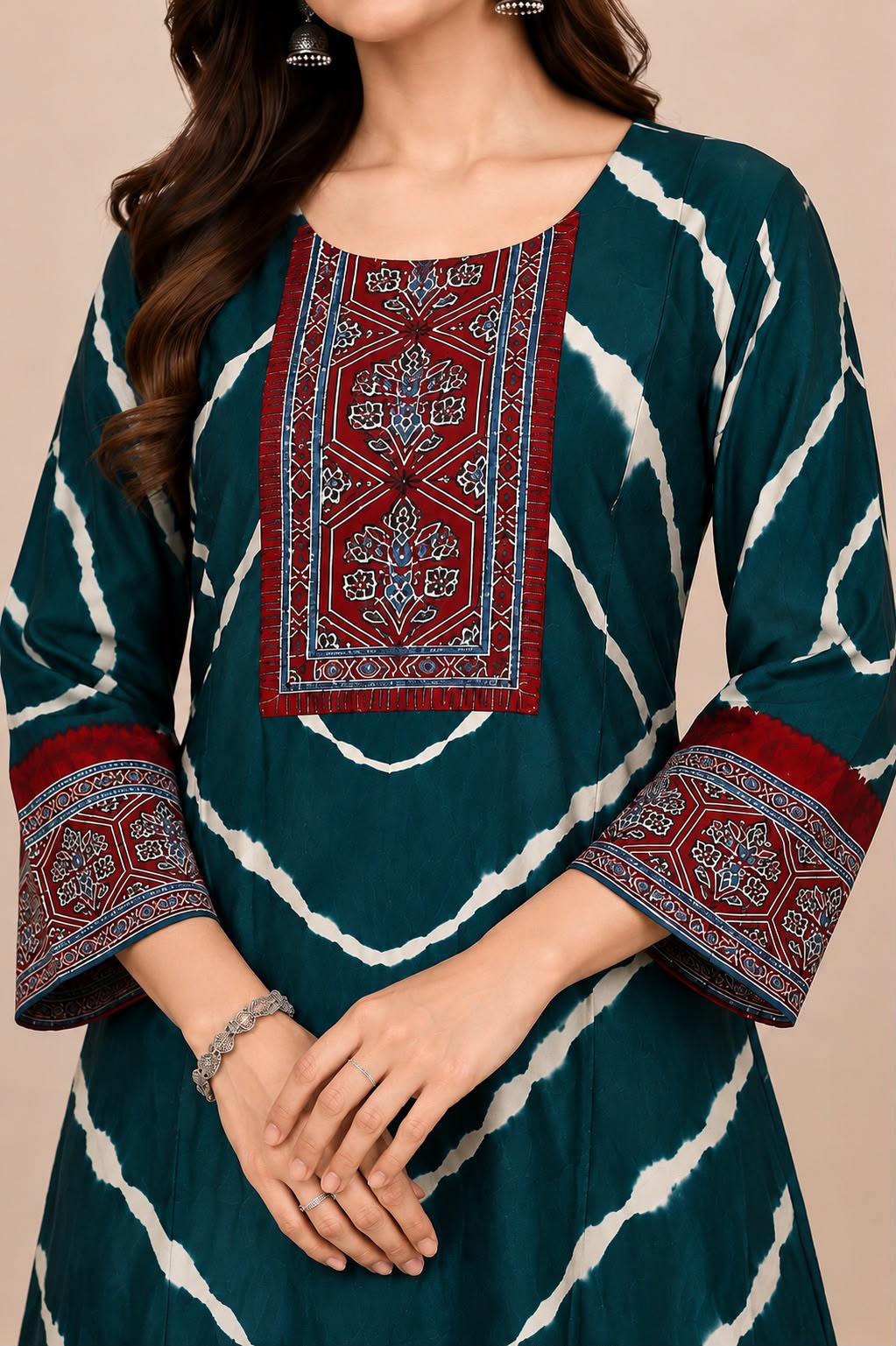 Women’s Teal Blue & Maroon Printed Apple Cut  Kurta Set
