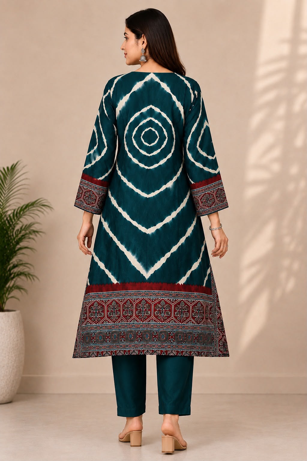 Women’s Teal Blue & Maroon Printed Apple Cut  Kurta Set