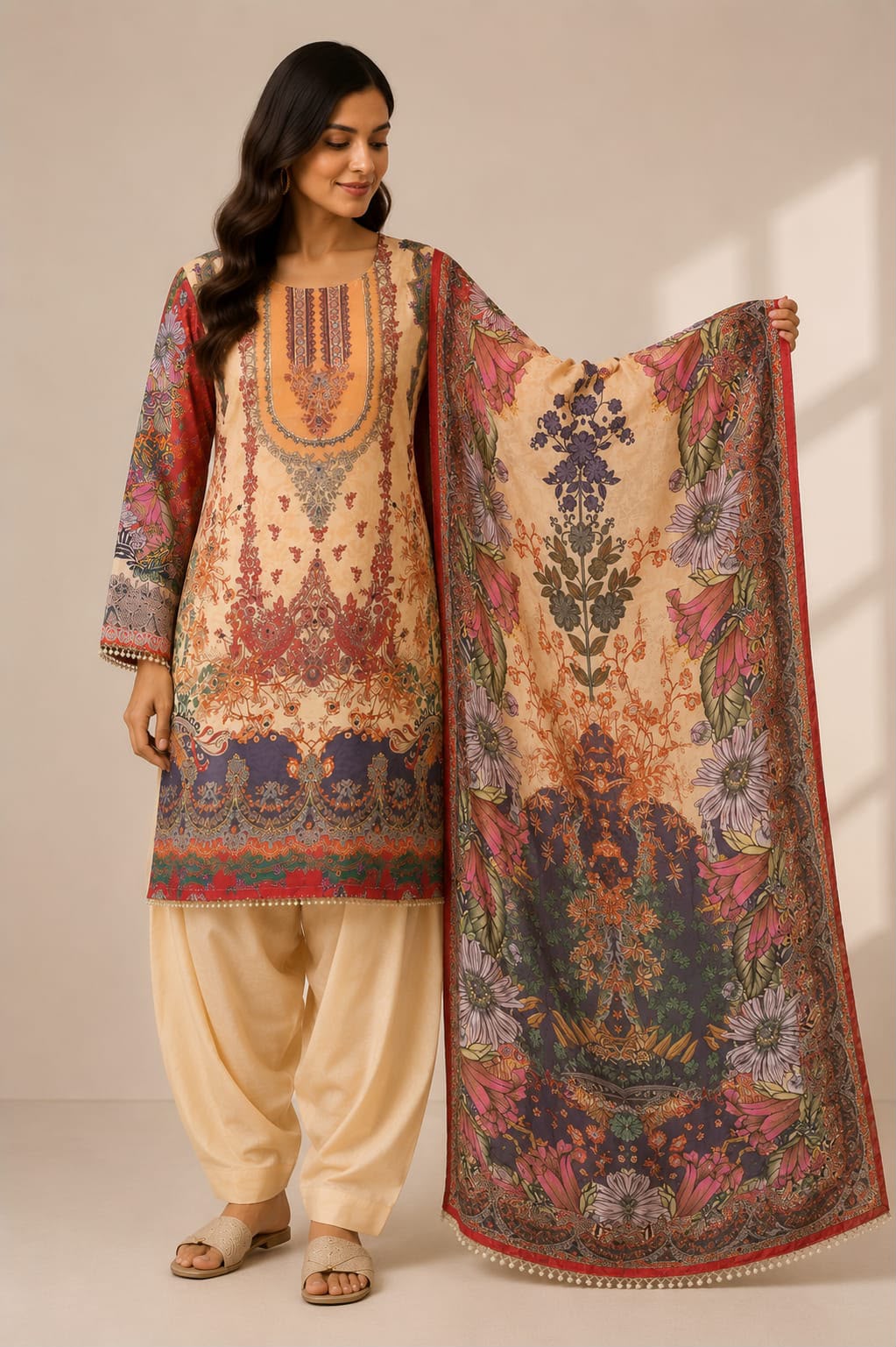 Elegant Printed Crepe  Farsi Suit Set