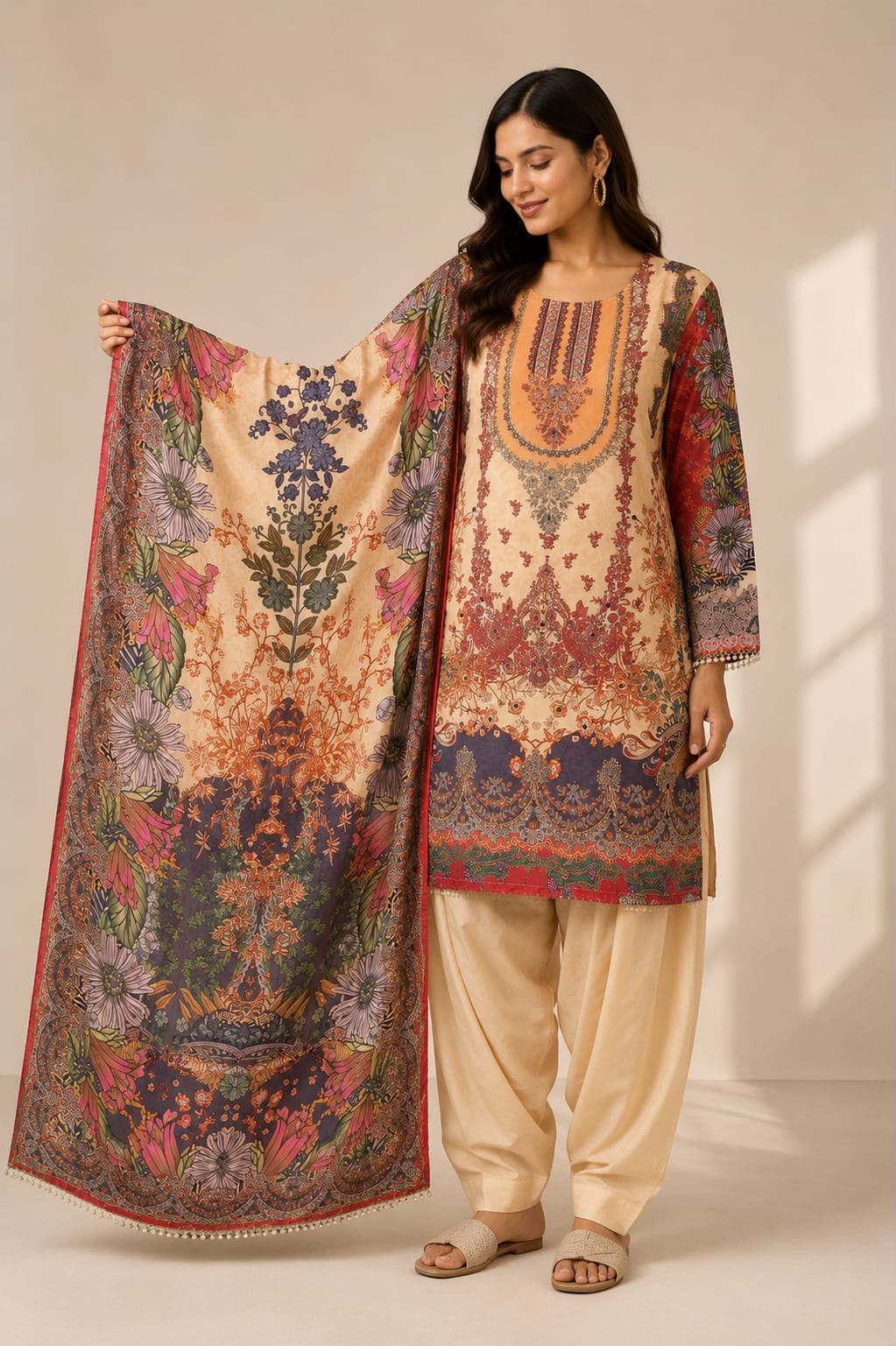 Elegant Printed Crepe  Farsi Suit Set