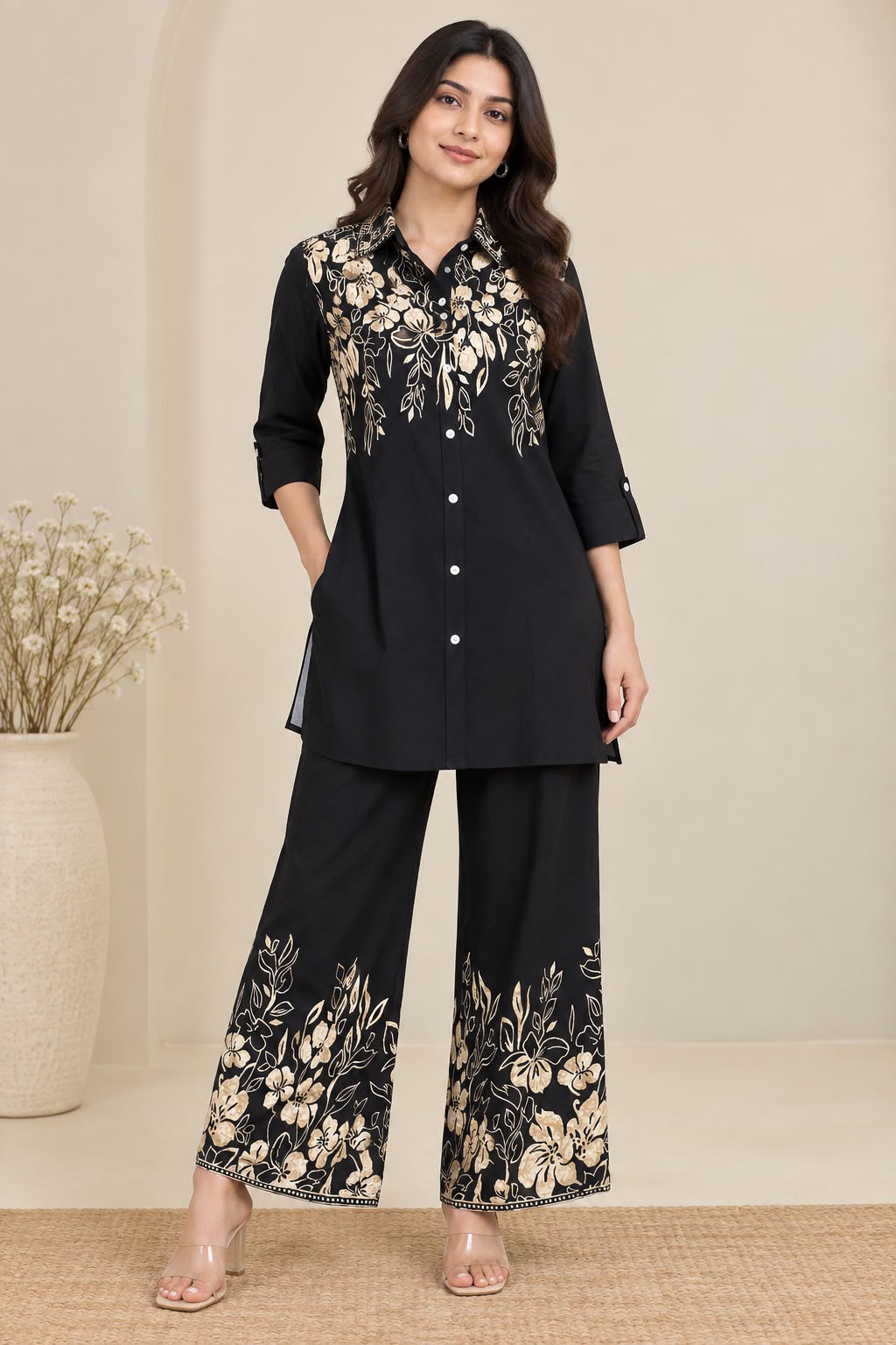 Black & Beige Floral Printed Co-Ord Set