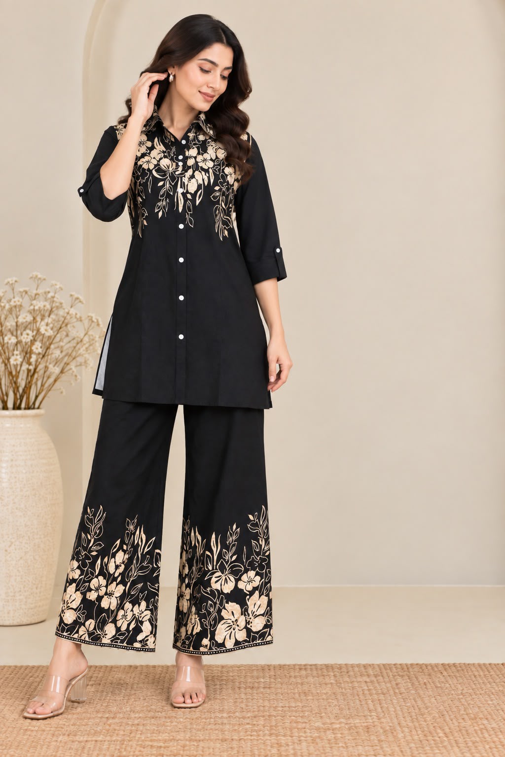 Black & Beige Floral Printed Co-Ord Set