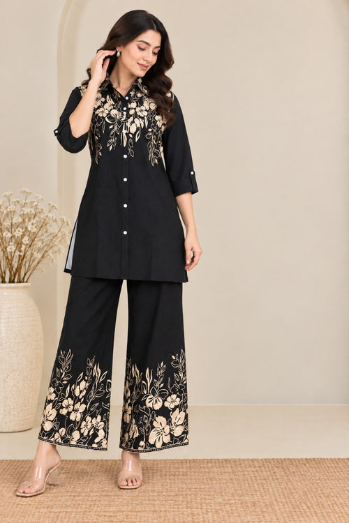 Black & Beige Floral Printed Co-Ord Set