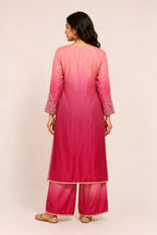 Elegant Peach & Magenta Ombre Pink design with intricate embroidery and matching palazzo pants.